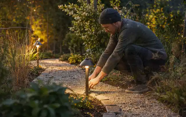 Person richtet eine niedrige warm leuchtende Gartenlampe am Kiesweg aus; Thema Gartenhaus aus Metall, Schwerpunkt Standort; Ergebnis.
