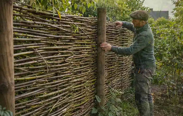 Person befestigt geflochtene Weidenruten an stabilen Holzpfosten im Garten; Thema Gartenhaus aus Metall, Schwerpunkt Winterschutz; Kontrolle.