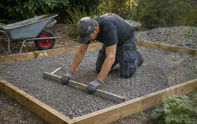 Person richtet eine verdichtete Kiesfläche mit Wasserwaage und Abziehlatte aus; Thema Gartenhaus aus Metall, Schwerpunkt Winterschutz; Ergebnis.