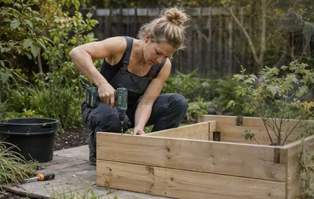 Person montiert ein massives Hochbeet aus unbehandeltem Holz im Garten; Thema Gartenhaus aus Metall, Schwerpunkt Winterschutz; Praxisalltag.