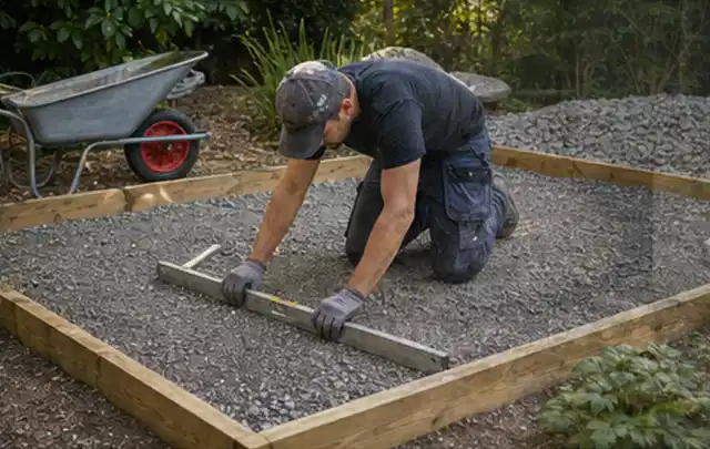 Person richtet eine verdichtete Kiesfläche mit Wasserwaage und Abziehlatte aus; Thema Gartenhaus Dach, Schwerpunkt Aufbau; Umsetzung.