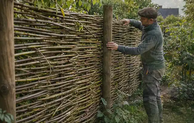 Person befestigt geflochtene Weidenruten an stabilen Holzpfosten im Garten; Thema Gartenhaus Dach, Schwerpunkt Aufbau; Praxisalltag.