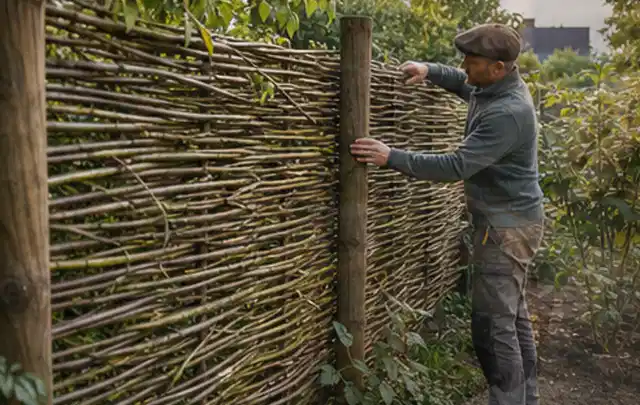 Person befestigt geflochtene Weidenruten an stabilen Holzpfosten im Garten; Thema Gartenhaus Dach, Schwerpunkt Checkliste; Ausgangslage.