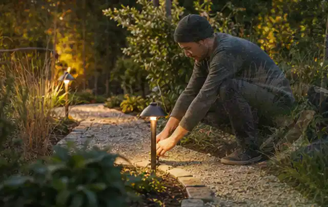 Person richtet eine niedrige warm leuchtende Gartenlampe am Kiesweg aus; Thema Gartenhaus Dach, Schwerpunkt Checkliste; Umsetzung.