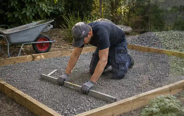 Person richtet eine verdichtete Kiesfläche mit Wasserwaage und Abziehlatte aus; Thema Gartenhaus Dach, Schwerpunkt Checkliste; Kontrolle.