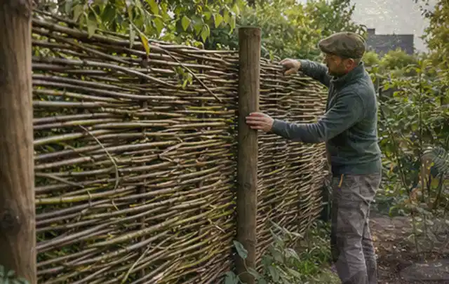 Person befestigt geflochtene Weidenruten an stabilen Holzpfosten im Garten; Thema Gartenhaus Dach, Schwerpunkt Dimensionierung; Umsetzung.