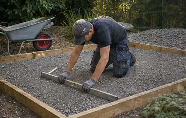 Person richtet eine verdichtete Kiesfläche mit Wasserwaage und Abziehlatte aus; Thema Gartenhaus Dach, Schwerpunkt Dimensionierung; Ergebnis.