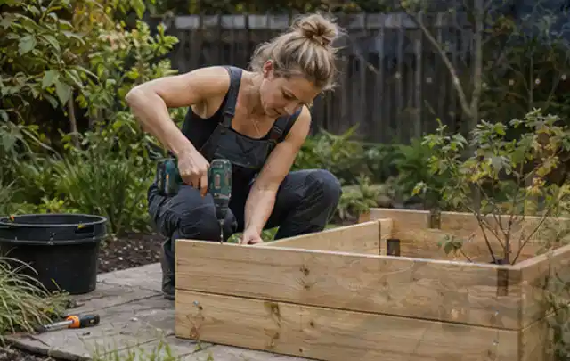 Person montiert ein massives Hochbeet aus unbehandeltem Holz im Garten; Thema Gartenhaus Dach, Schwerpunkt Dimensionierung; Praxisalltag.