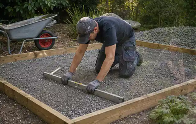 Person richtet eine verdichtete Kiesfläche mit Wasserwaage und Abziehlatte aus; Thema Gartenhaus Dach, Schwerpunkt DIY; Ausgangslage.