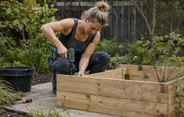 Person montiert ein massives Hochbeet aus unbehandeltem Holz im Garten; Thema Gartenhaus Dach, Schwerpunkt DIY; Kontrolle.