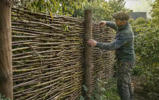 Person befestigt geflochtene Weidenruten an stabilen Holzpfosten im Garten; Thema Gartenhaus Dach, Schwerpunkt DIY; Ergebnis.