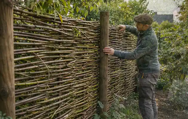 Person befestigt geflochtene Weidenruten an stabilen Holzpfosten im Garten; Thema Gartenhaus Dach, Schwerpunkt Fehlerhilfe; Umsetzung.