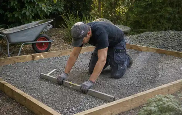 Person richtet eine verdichtete Kiesfläche mit Wasserwaage und Abziehlatte aus; Thema Gartenhaus Dach, Schwerpunkt Gartenhäuser; Umsetzung.