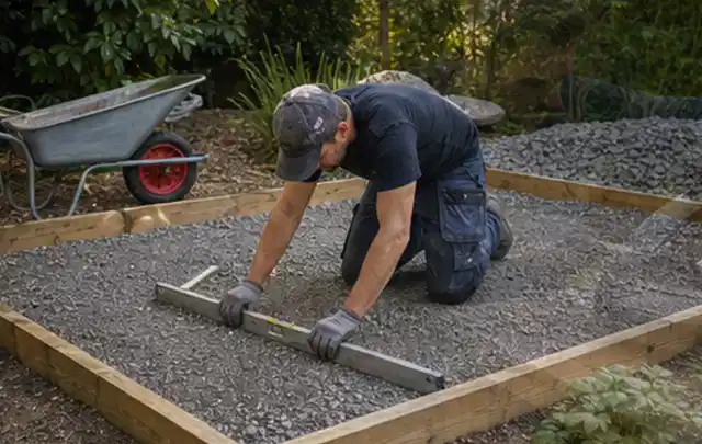 Person richtet eine verdichtete Kiesfläche mit Wasserwaage und Abziehlatte aus; Thema Gartenhaus Dach, Schwerpunkt Kosten; Umsetzung.