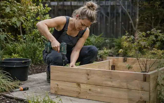Person montiert ein massives Hochbeet aus unbehandeltem Holz im Garten; Thema Gartenhaus Dach, Schwerpunkt Kosten; Ergebnis.