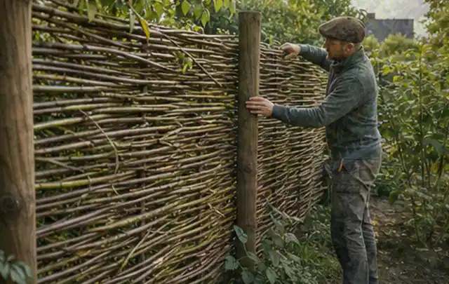 Person befestigt geflochtene Weidenruten an stabilen Holzpfosten im Garten; Thema Gartenhaus Dach, Schwerpunkt Kosten; Praxisalltag.