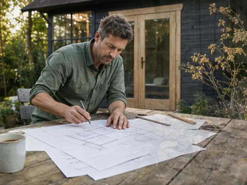 Person prüft Bauzeichnungen an einem Gartentisch vor einem kleinen Gartenhaus; Thema Gartenhaus Dach, Schwerpunkt Materialwahl; Titelbild.