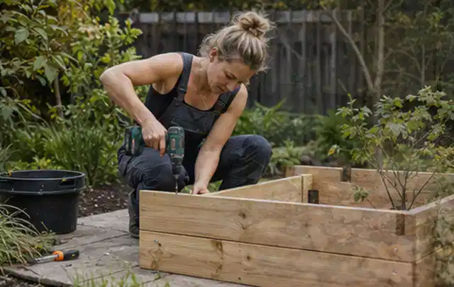 Person montiert ein massives Hochbeet aus unbehandeltem Holz im Garten; Thema Gartenhaus Dach, Schwerpunkt Materialwahl; Ausgangslage.