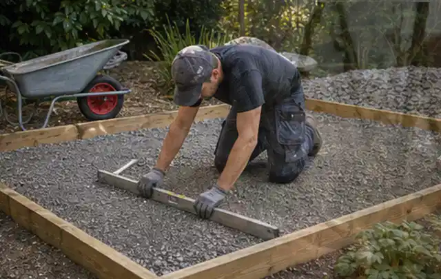 Person richtet eine verdichtete Kiesfläche mit Wasserwaage und Abziehlatte aus; Thema Gartenhaus Dach, Schwerpunkt Materialwahl; Umsetzung.