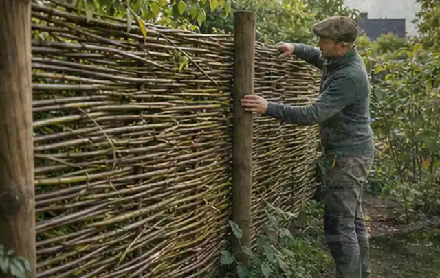 Person befestigt geflochtene Weidenruten an stabilen Holzpfosten im Garten; Thema Gartenhaus Dach, Schwerpunkt Materialwahl; Praxisalltag.