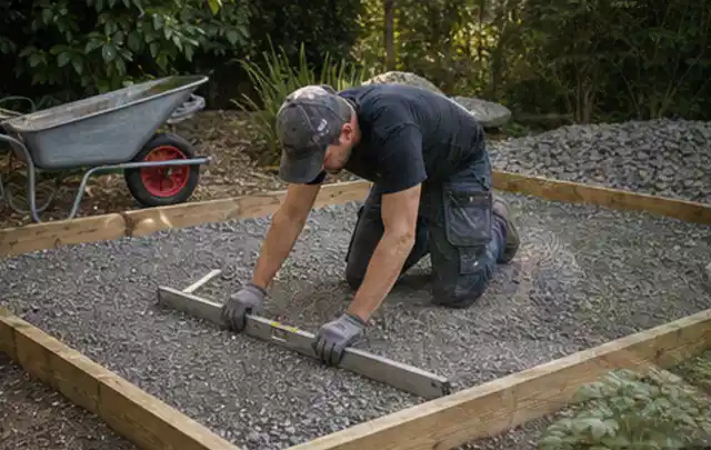 Person richtet eine verdichtete Kiesfläche mit Wasserwaage und Abziehlatte aus; Thema Gartenhaus Dach, Schwerpunkt Nachhaltigkeit; Kontrolle.