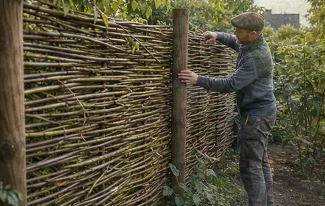 Person befestigt geflochtene Weidenruten an stabilen Holzpfosten im Garten; Thema Gartenhaus Dach, Schwerpunkt Nachhaltigkeit; Praxisalltag.