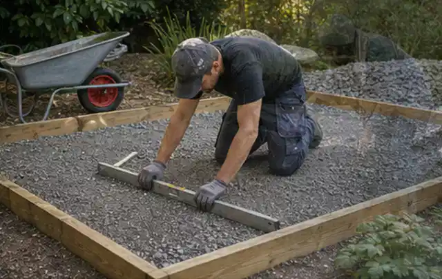 Person richtet eine verdichtete Kiesfläche mit Wasserwaage und Abziehlatte aus; Thema Gartenhaus Dach, Schwerpunkt Pflege; Ausgangslage.