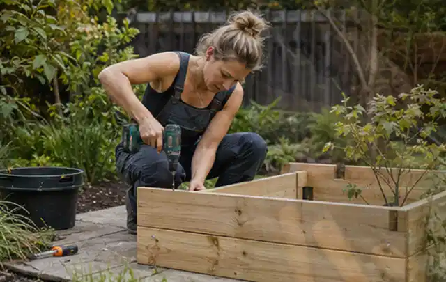 Person montiert ein massives Hochbeet aus unbehandeltem Holz im Garten; Thema Gartenhaus Dach, Schwerpunkt Pflege; Umsetzung.