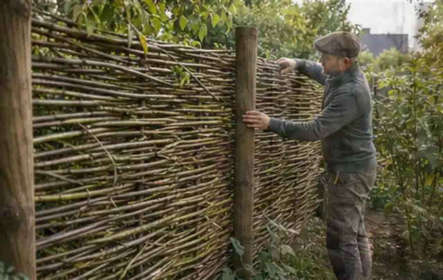Person befestigt geflochtene Weidenruten an stabilen Holzpfosten im Garten; Thema Gartenhaus Dach, Schwerpunkt Pflege; Ergebnis.