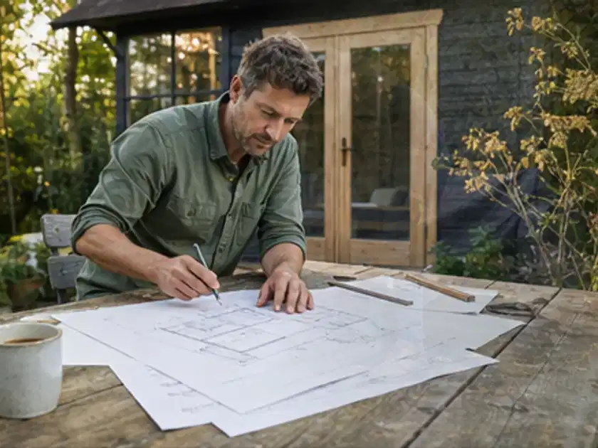 Person prüft Bauzeichnungen an einem Gartentisch vor einem kleinen Gartenhaus; Thema Gartenhaus Dach, Schwerpunkt Planung; Titelbild.