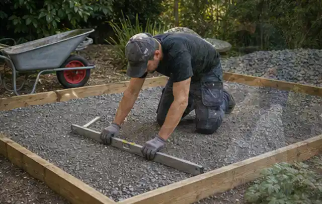 Person richtet eine verdichtete Kiesfläche mit Wasserwaage und Abziehlatte aus; Thema Gartenhaus Dach, Schwerpunkt Planung; Umsetzung.