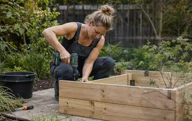 Person montiert ein massives Hochbeet aus unbehandeltem Holz im Garten; Thema Gartenhaus Dach, Schwerpunkt Planung; Kontrolle.