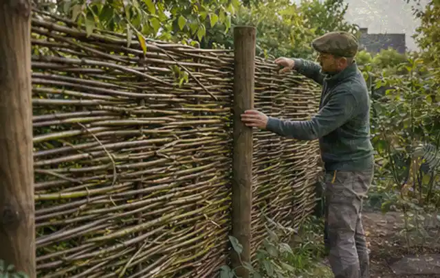 Person befestigt geflochtene Weidenruten an stabilen Holzpfosten im Garten; Thema Gartenhaus Dach, Schwerpunkt Planung; Ergebnis.
