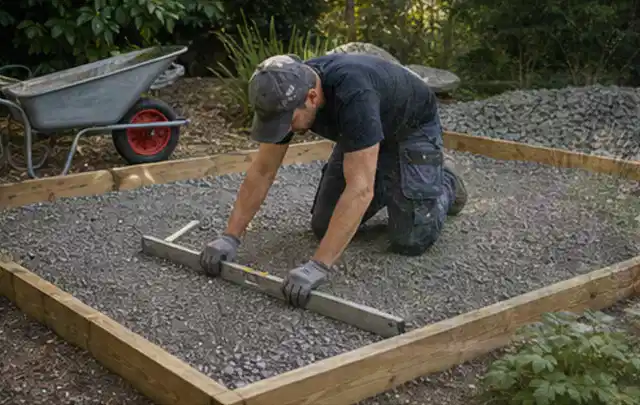Person richtet eine verdichtete Kiesfläche mit Wasserwaage und Abziehlatte aus; Thema Gartenhaus Dach, Schwerpunkt Winterschutz; Ausgangslage.