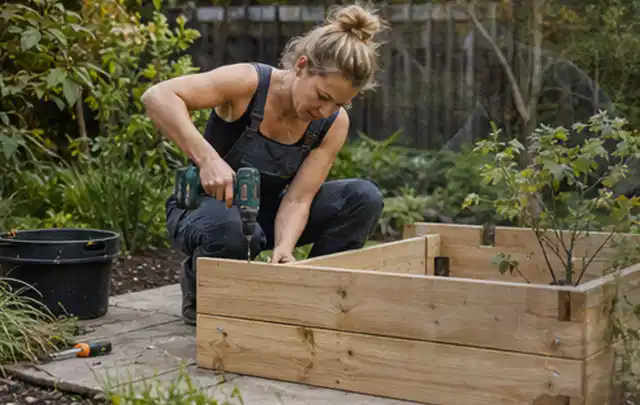 Person montiert ein massives Hochbeet aus unbehandeltem Holz im Garten; Thema Gartenhaus Dach, Schwerpunkt Winterschutz; Umsetzung.