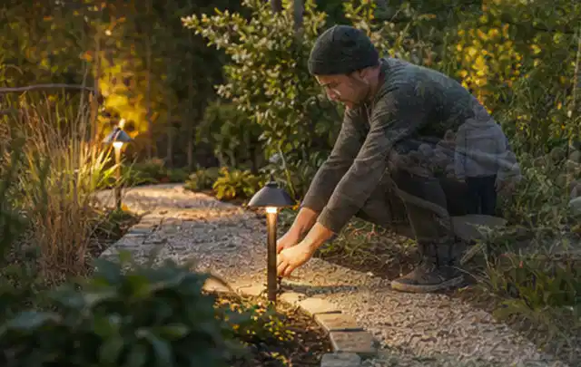 Person richtet eine niedrige warm leuchtende Gartenlampe am Kiesweg aus; Thema Gartenhaus Dach, Schwerpunkt Winterschutz; Ergebnis.