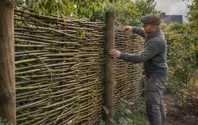 Person befestigt geflochtene Weidenruten an stabilen Holzpfosten im Garten; Thema Gartenhaus Dach, Schwerpunkt Winterschutz; Praxisalltag.