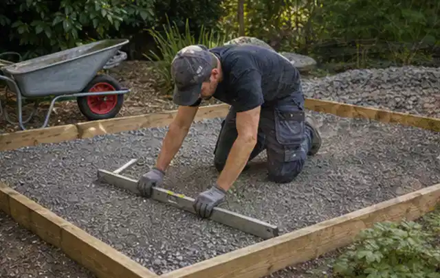 Person richtet eine verdichtete Kiesfläche mit Wasserwaage und Abziehlatte aus; Thema Gartenhaus Fenster, Schwerpunkt Aufbau; Ausgangslage.