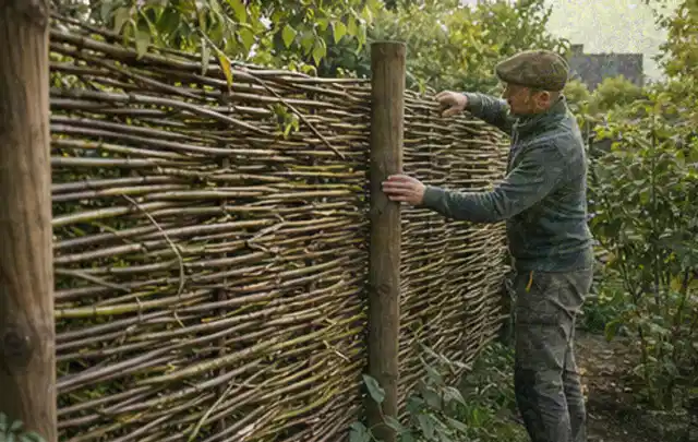 Person befestigt geflochtene Weidenruten an stabilen Holzpfosten im Garten; Thema Gartenhaus Fenster, Schwerpunkt Aufbau; Ergebnis.