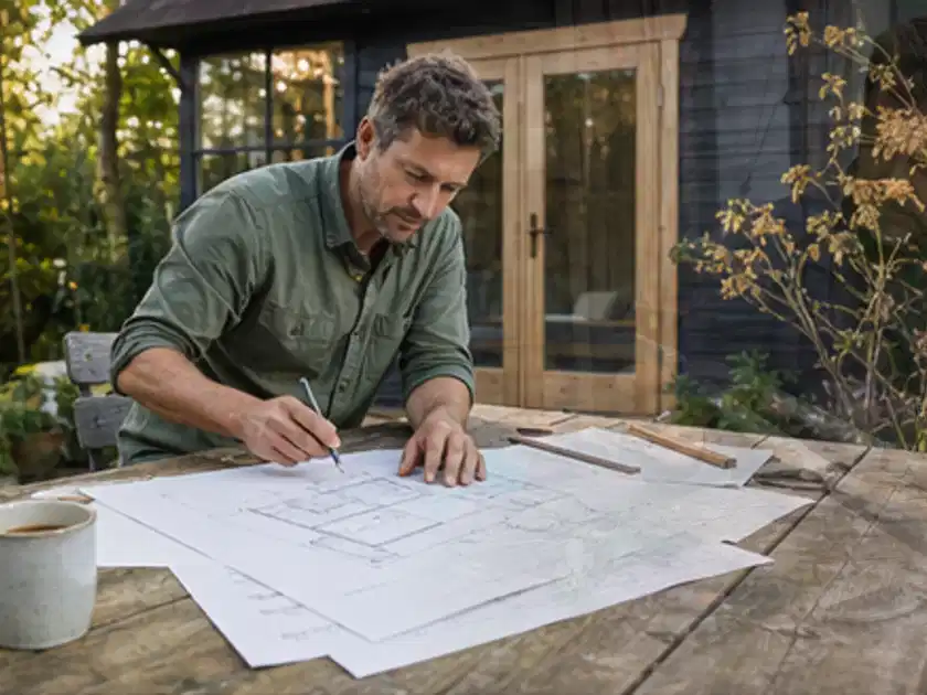 Person prüft Bauzeichnungen an einem Gartentisch vor einem kleinen Gartenhaus; Thema Gartenhaus Fenster, Schwerpunkt Checkliste; Titelbild.