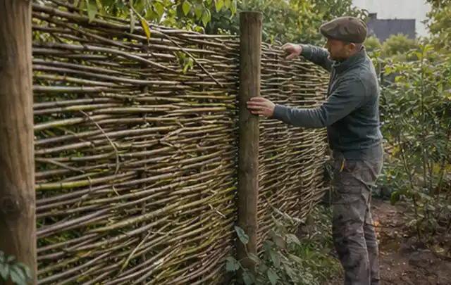 Person befestigt geflochtene Weidenruten an stabilen Holzpfosten im Garten; Thema Gartenhaus Fenster, Schwerpunkt Checkliste; Kontrolle.