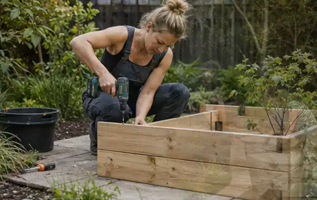Person montiert ein massives Hochbeet aus unbehandeltem Holz im Garten; Thema Gartenhaus Fenster, Schwerpunkt Checkliste; Ergebnis.