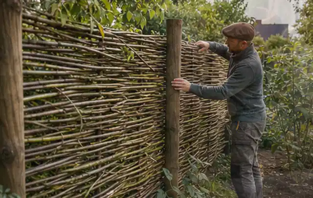 Person befestigt geflochtene Weidenruten an stabilen Holzpfosten im Garten; Thema Gartenhaus Fenster, Schwerpunkt Dimensionierung; Kontrolle.