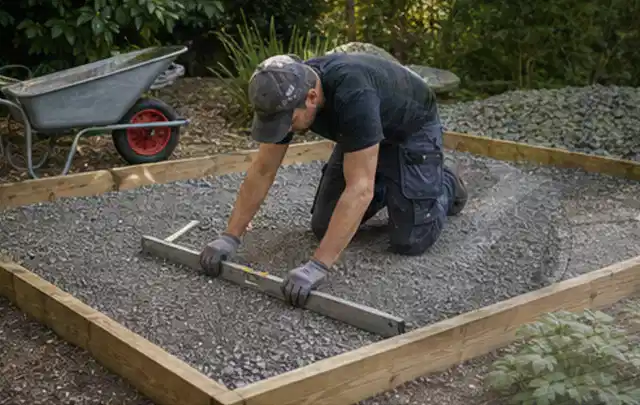 Person richtet eine verdichtete Kiesfläche mit Wasserwaage und Abziehlatte aus; Thema Gartenhaus Fenster, Schwerpunkt Dimensionierung; Ergebnis.