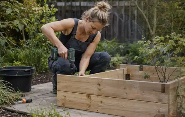 Person montiert ein massives Hochbeet aus unbehandeltem Holz im Garten; Thema Gartenhaus Fenster, Schwerpunkt Dimensionierung; Praxisalltag.