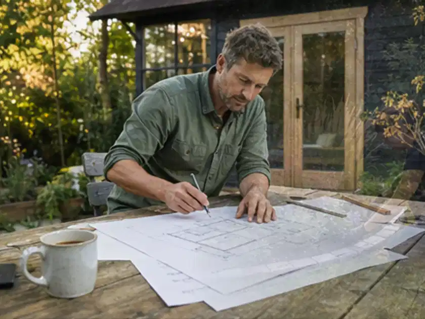 Person prüft Bauzeichnungen an einem Gartentisch vor einem kleinen Gartenhaus; Thema Gartenhaus Fenster, Schwerpunkt DIY; Titelbild.