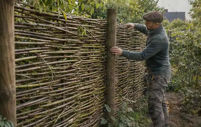 Person befestigt geflochtene Weidenruten an stabilen Holzpfosten im Garten; Thema Gartenhaus Fenster, Schwerpunkt DIY; Ergebnis.