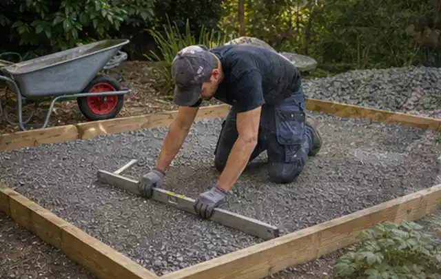 Person richtet eine verdichtete Kiesfläche mit Wasserwaage und Abziehlatte aus; Thema Gartenhaus Fenster, Schwerpunkt DIY; Praxisalltag.