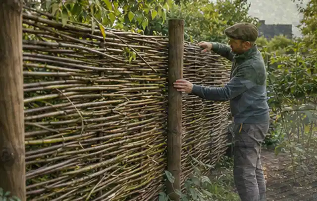 Person befestigt geflochtene Weidenruten an stabilen Holzpfosten im Garten; Thema Gartenhaus Fenster, Schwerpunkt Fehlerhilfe; Ausgangslage.