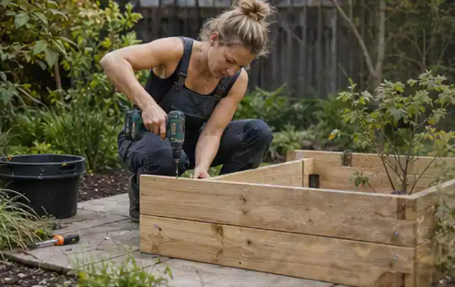 Person montiert ein massives Hochbeet aus unbehandeltem Holz im Garten; Thema Gartenhaus Fenster, Schwerpunkt Fehlerhilfe; Kontrolle.